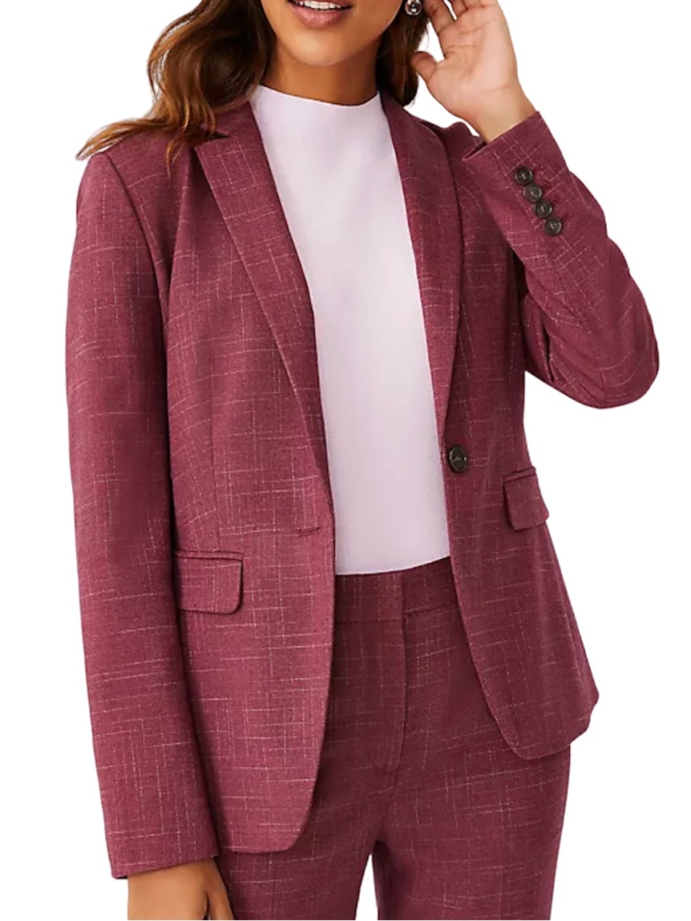 ANN TAYLOR PLUM ROSE THE NOTCHED ONE BUTTON CROSS WEAVE BLAZER JACKET